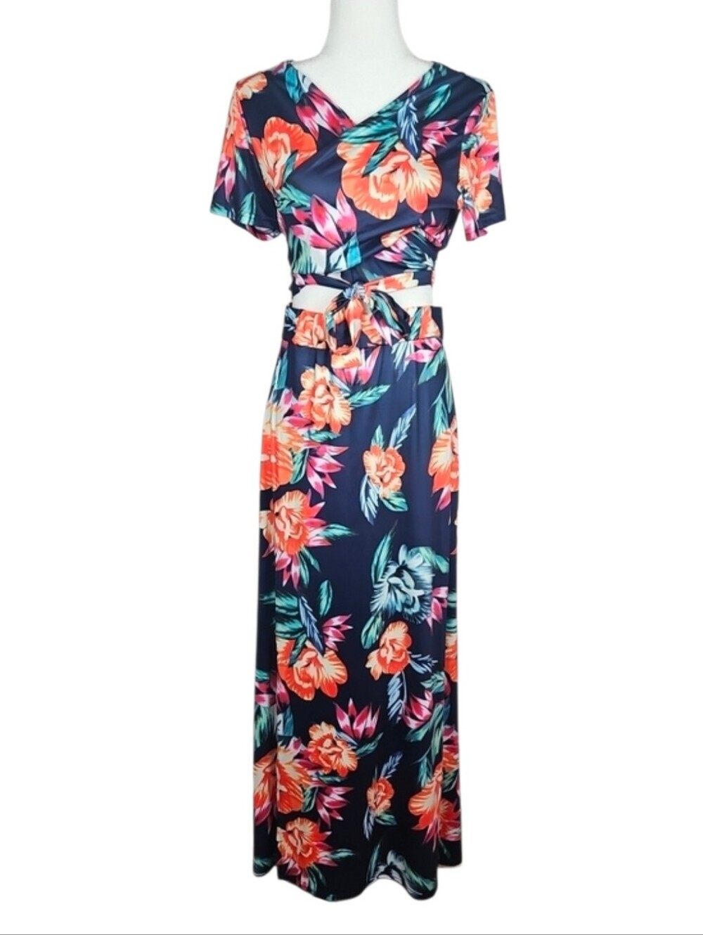 2 Piece Skirt & Crop Wrap Top Set Outfit Maxi Tropical Blue Orange Vacation, *L
